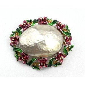 Vintage ART Arthur Pepper Brooch Faux Pearl Enamel Floral Brooch